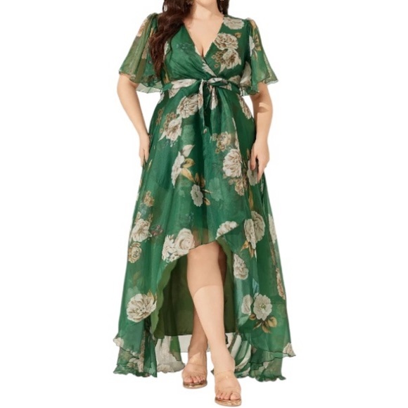 flycurvy Dresses & Skirts - Flycurvy Plus Size Everyday Green Floral Wrap Flutter Sleeve Maxi Dress